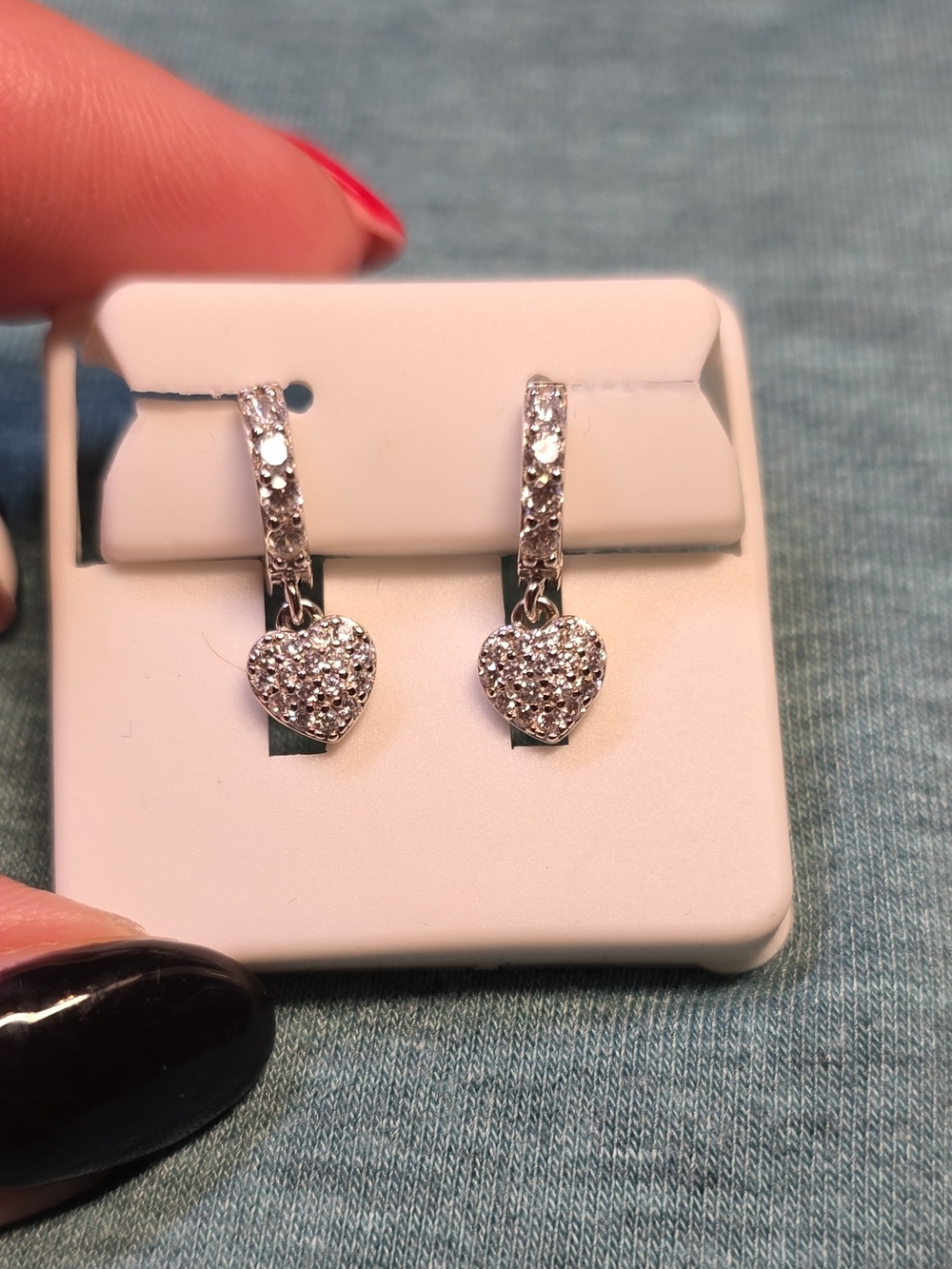 Sparkling Heart Drop Earrings - Silver